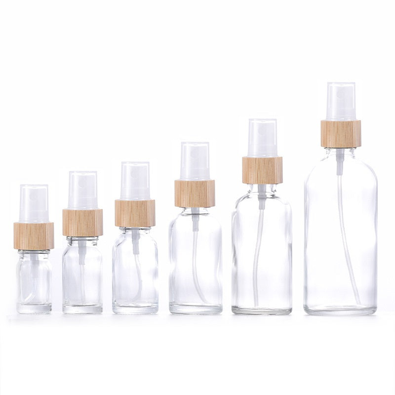 5ml-100ml Glass Round Bottle With Bamboo White Plastic Sprayer