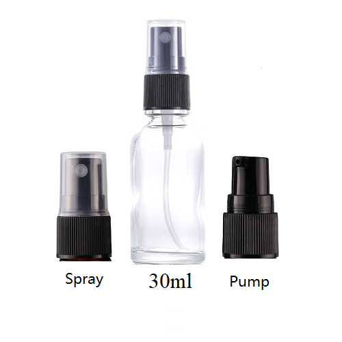 5ml-100ml Glass Round Bottle With Black Plastic Sprayer / Pump